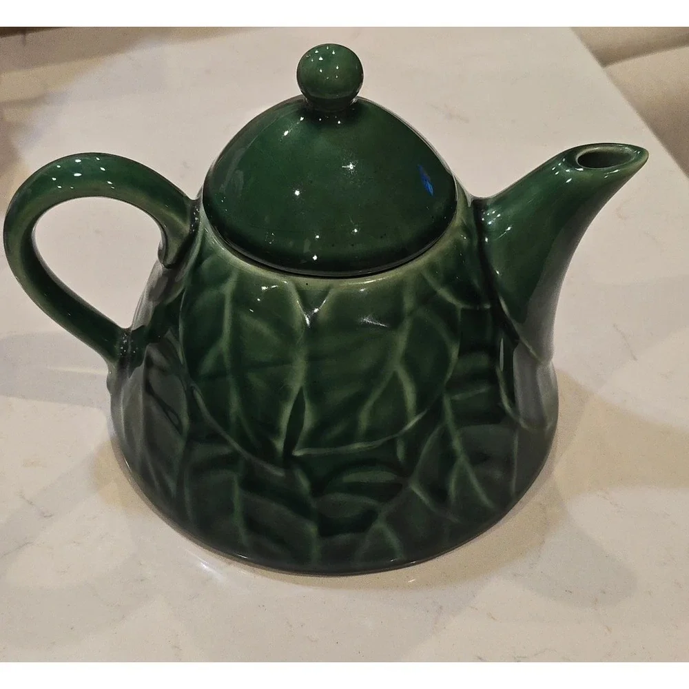 Pier 1 Jade Leaves Green Stoneware Teapot Embossed Leaf Pattern Botanical